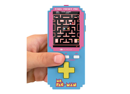My Arcade Ms. Pac-Man Pixel Pocket Pro handheld gaming system in blue and pink
