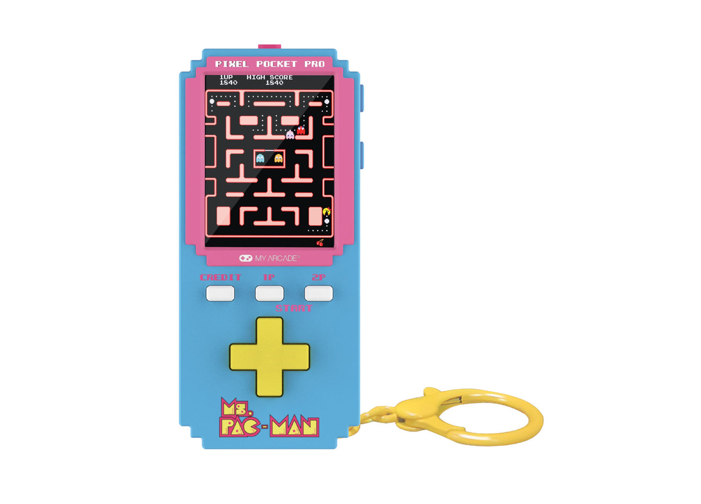My Arcade Ms. Pac-Man Pixel Pocket Pro handheld game with yellow d-pad and keychain