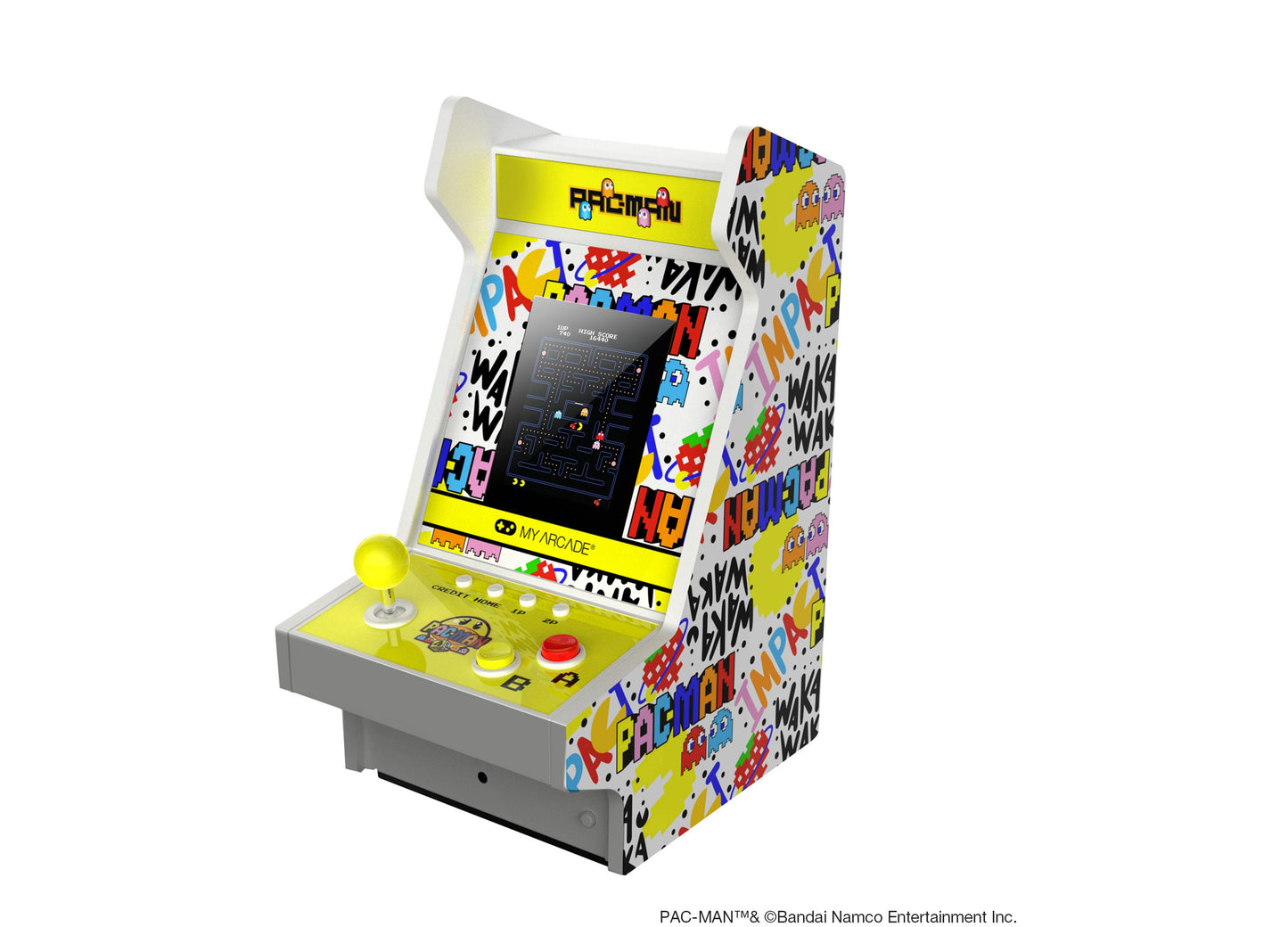 My Arcade Pac-Man 45th Anniversary Mighty Player retro arcade machine with yellow cabinet and joystick