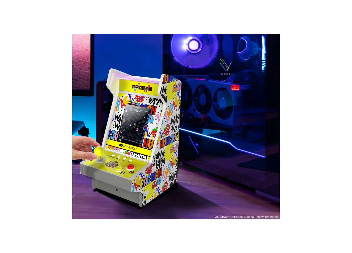 My Arcade Pac-Man 45th Anniversary Mighty Player portable retro arcade game with yellow joystick and colorful cabinet...