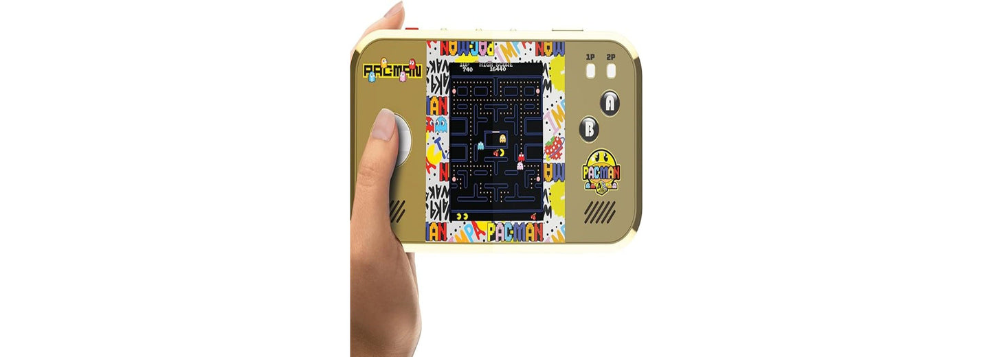 My Arcade Pac-Man Pocket Player Max handheld gaming system in gold held in hand