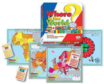 Where in the World? geography board game with maps, cards, and game pieces displayed