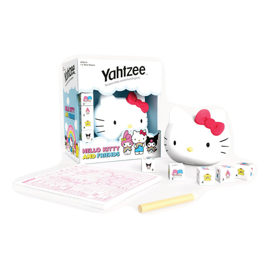 Hello Kitty and Friends Yahtzee dice game set with Hello Kitty-shaped game piece, dice, scorepads, and pencil