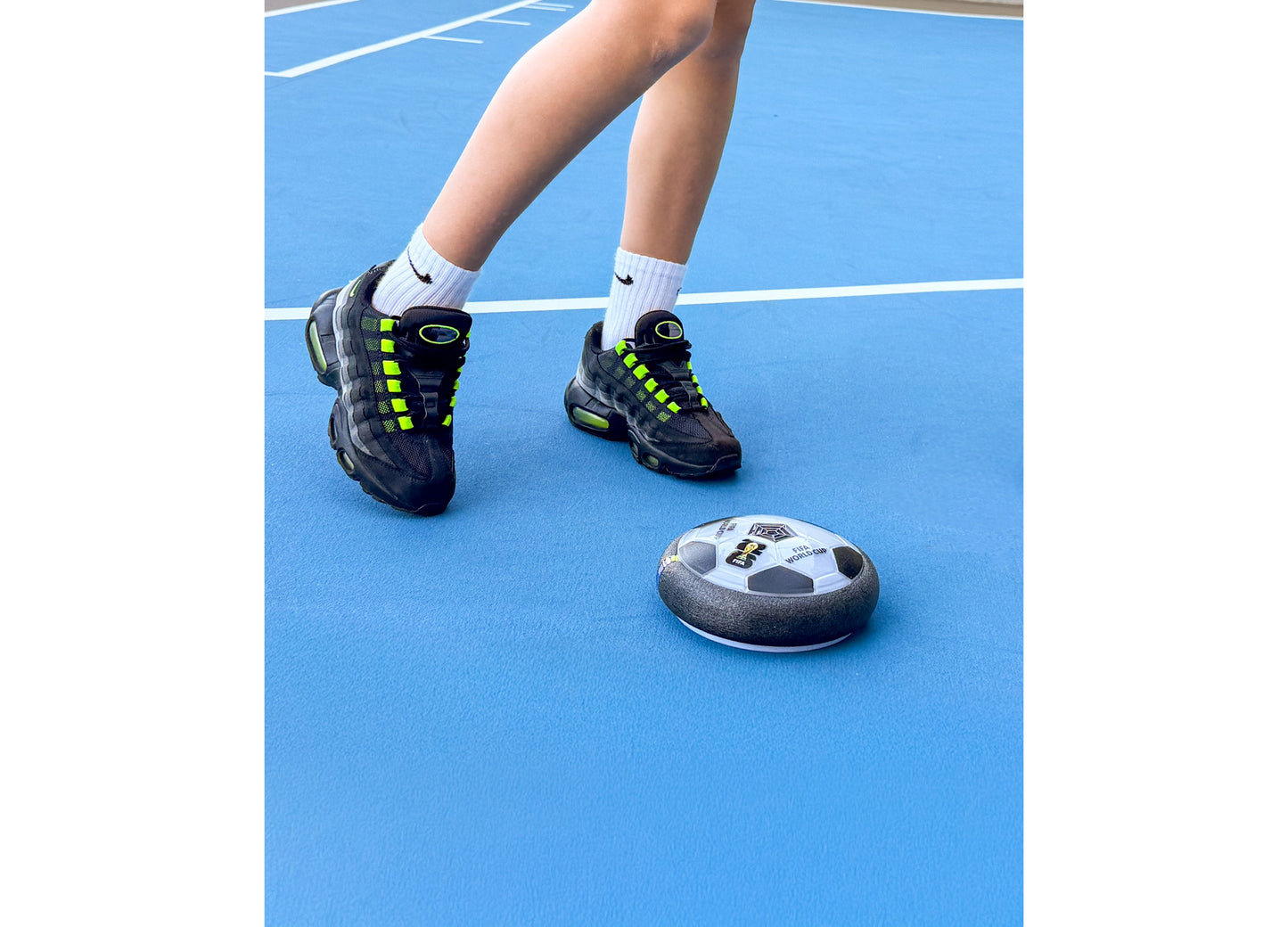 World Tech Toys FIFA World Cup 2026 Hover Soccer Ball in white and black on blue court