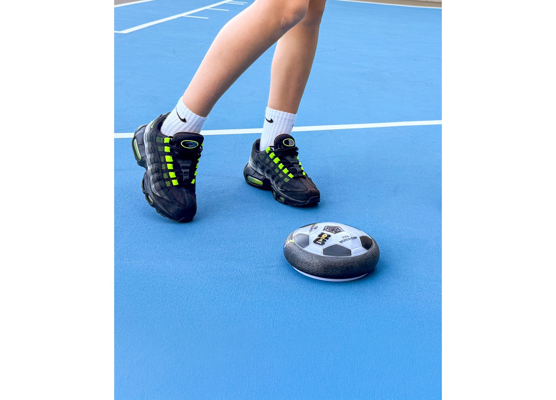 World Tech Toys FIFA World Cup 2026 Hover Soccer Ball in white and black on blue court