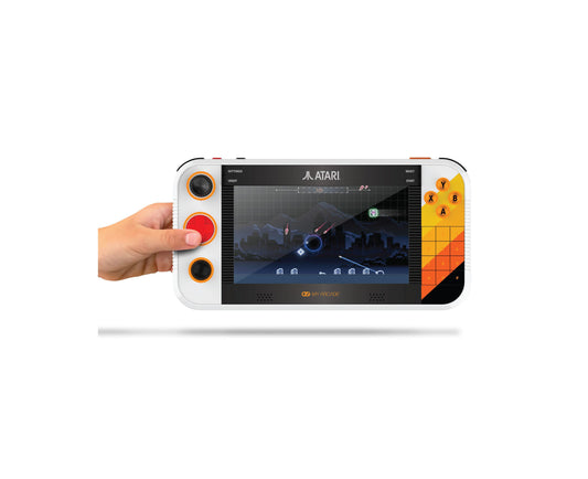 Atari Gamestation Go 7" portable console with orange and red controls, yellow button pad, and game display screen