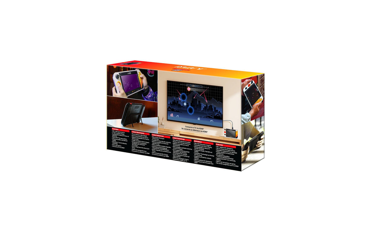 Atari Gamestation Go 7" Portable Console with 200+ Games in packaging showing handheld device and TV display setup