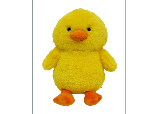 Yellow plush chick with orange beak and feet, soft fuzzy fabric, standing upright on plain white background