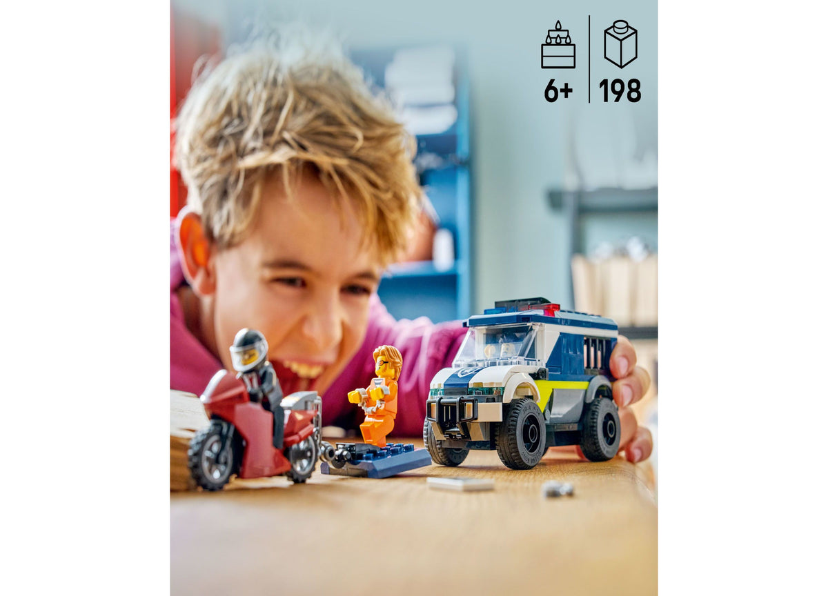 LEGO City Police Prisoner Transport Van with blue and yellow van, motorcycle, and three minifigures