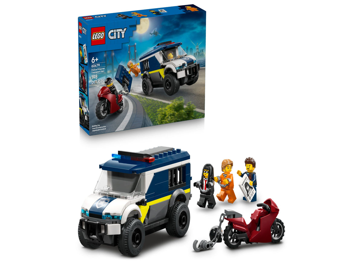 LEGO City Police Prisoner Transport Van set with blue and white van, red motorcycle, and three minifigures