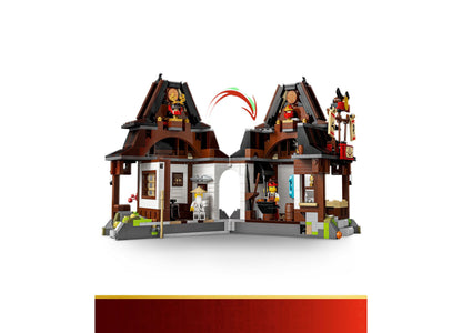 LEGO NINJAGO Four Weapons Blacksmith 15th Anniversary building set with brown temple structure and minifigures