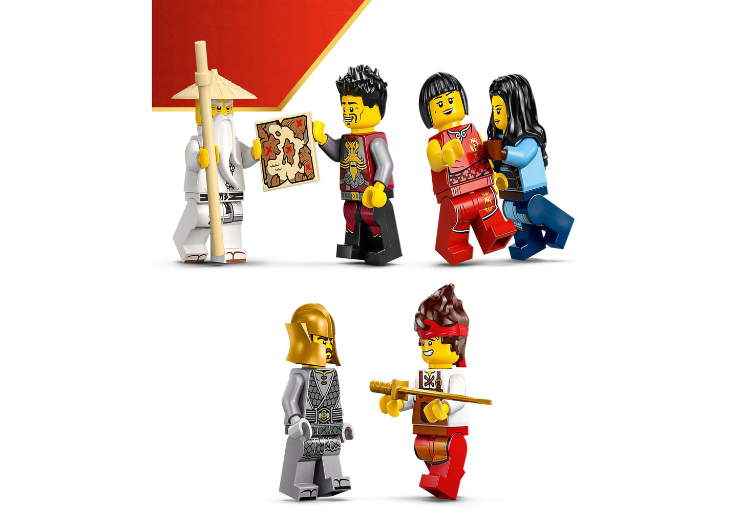 LEGO NINJAGO Four Weapons Blacksmith 71858 minifigures with white sensei, red ninja, and golden warrior characters