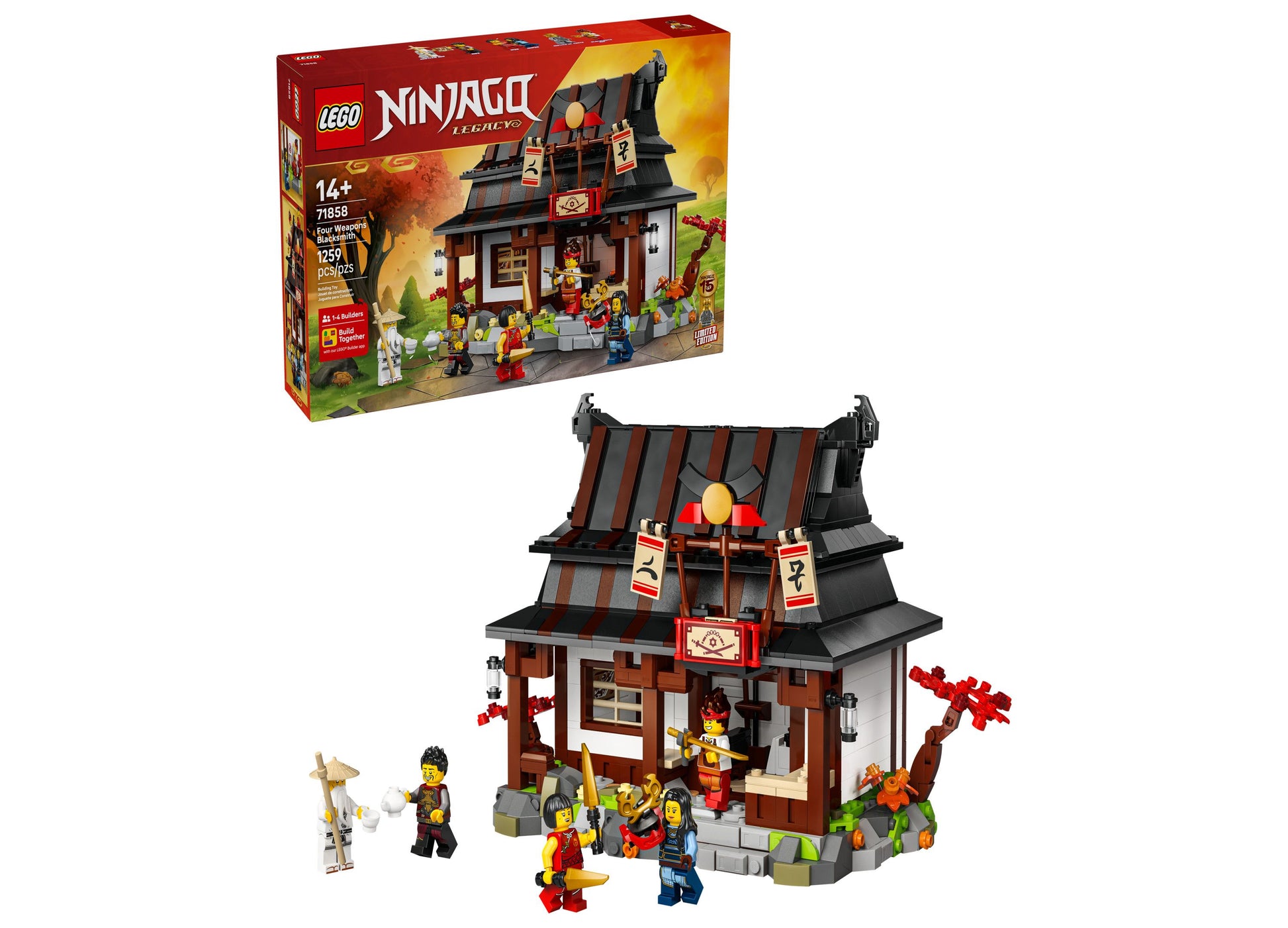 LEGO NINJAGO Four Weapons Blacksmith 71858 building set with brown and black Asian-inspired building and minifigures