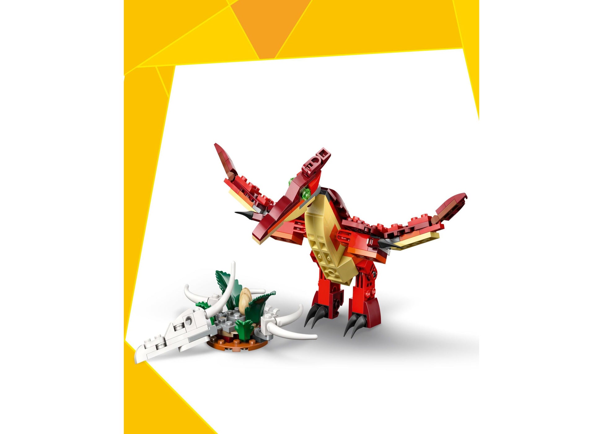 LEGO Creator 3 in 1 Fierce Dinosaur red and tan dinosaur toy with white base dinosaur, 283 pieces