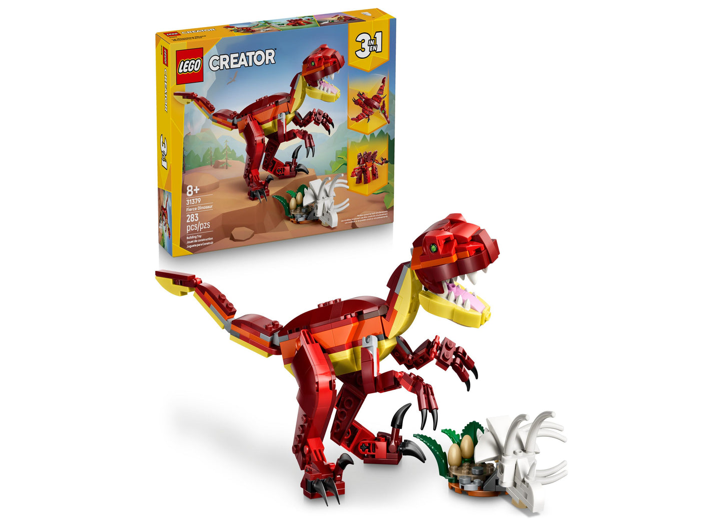 LEGO Creator 3 in 1 Fierce Dinosaur red and yellow building toy set with 283 pieces