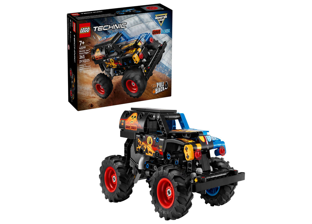 LEGO Technic Monster Jam Grave Digger Fire and Ice 42219 building set with pull-back motor feature