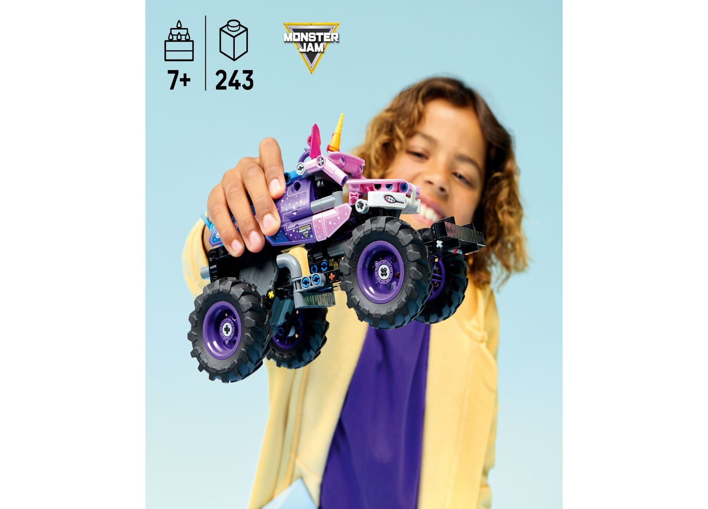 LEGO Technic Monster Jam Sparkle Smash purple pull-back truck with unicorn design