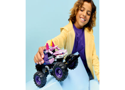 LEGO Technic Monster Jam Sparkle Smash purple pull-back truck toy with large black wheels