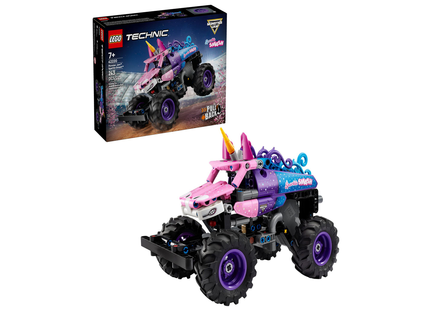 LEGO Technic Monster Jam Sparkle Smash pink and purple pull-back truck building kit