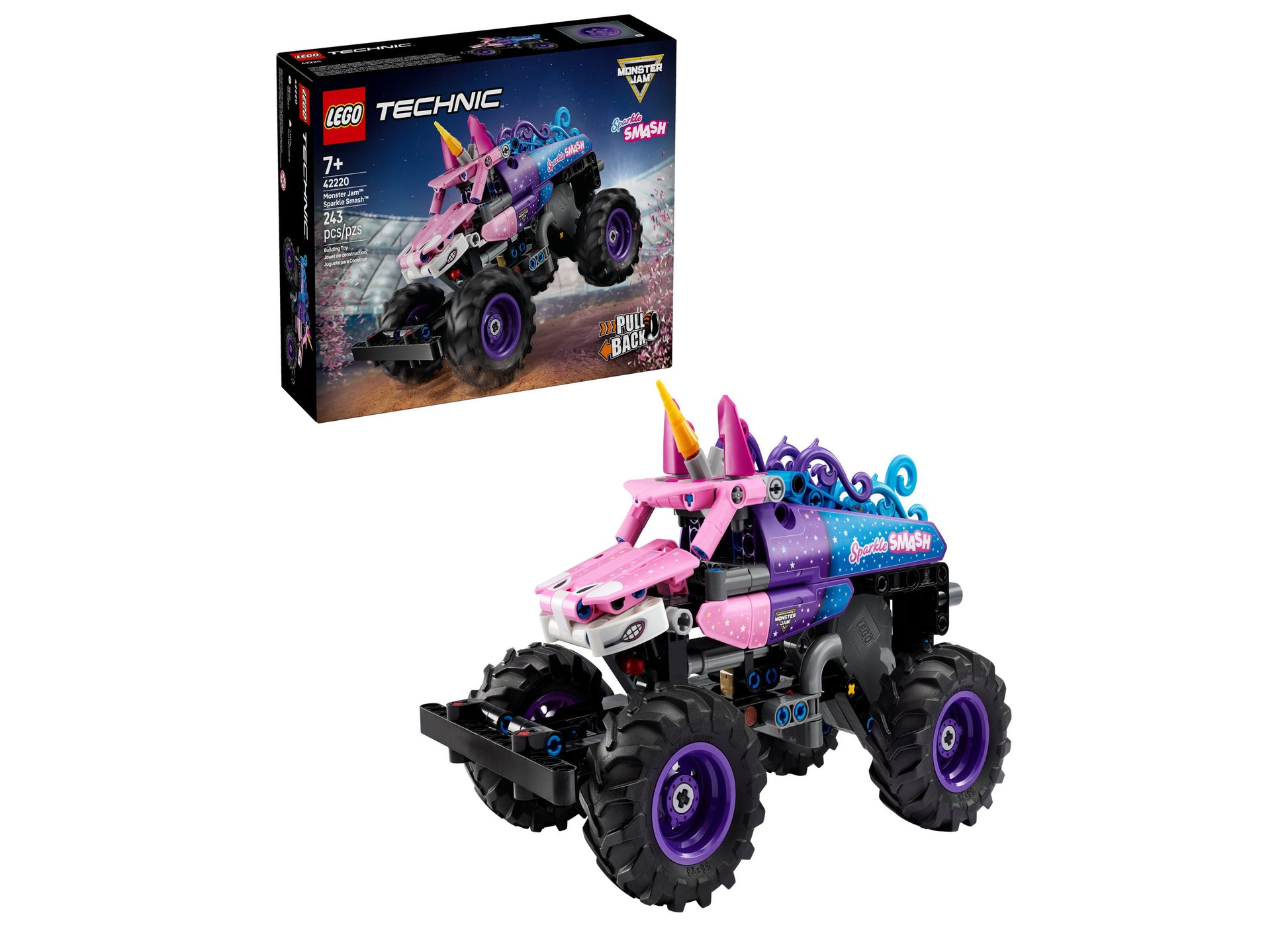 LEGO Technic Monster Jam Sparkle Smash pink and purple pull-back truck building kit