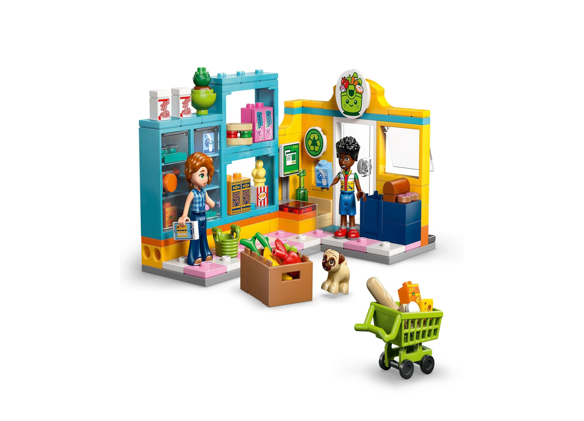LEGO Friends Heartlake City Convenience Store 42680 with colorful building set, two minifigures, dog, shopping cart a...