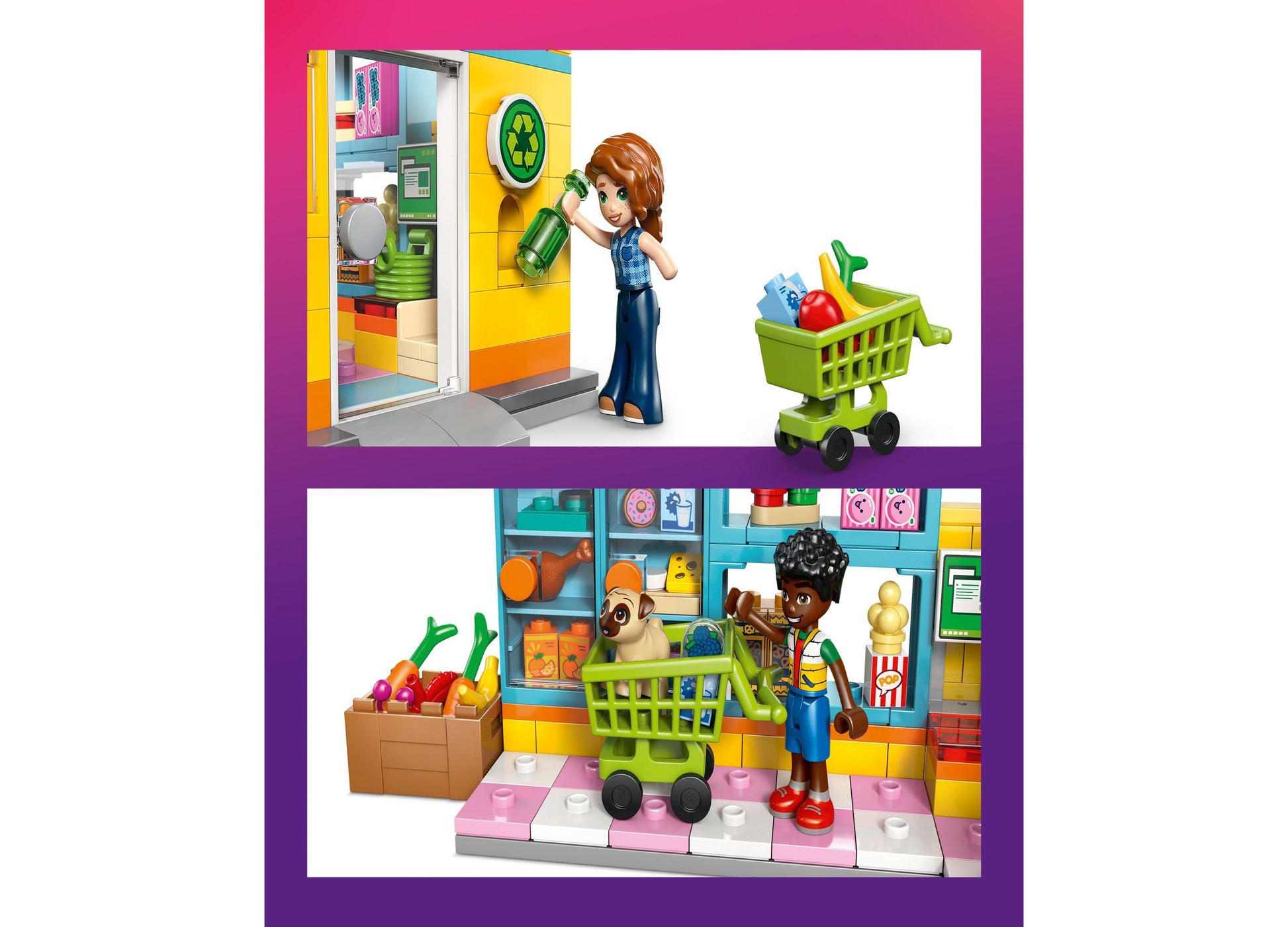 LEGO Friends Heartlake City Convenience Store 42680 with minifigures, shopping cart, and colorful building pieces