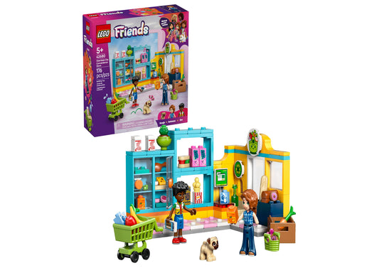 LEGO Friends Heartlake City Convenience Store with turquoise shelves, yellow storefront, shopping cart, minidolls, an...