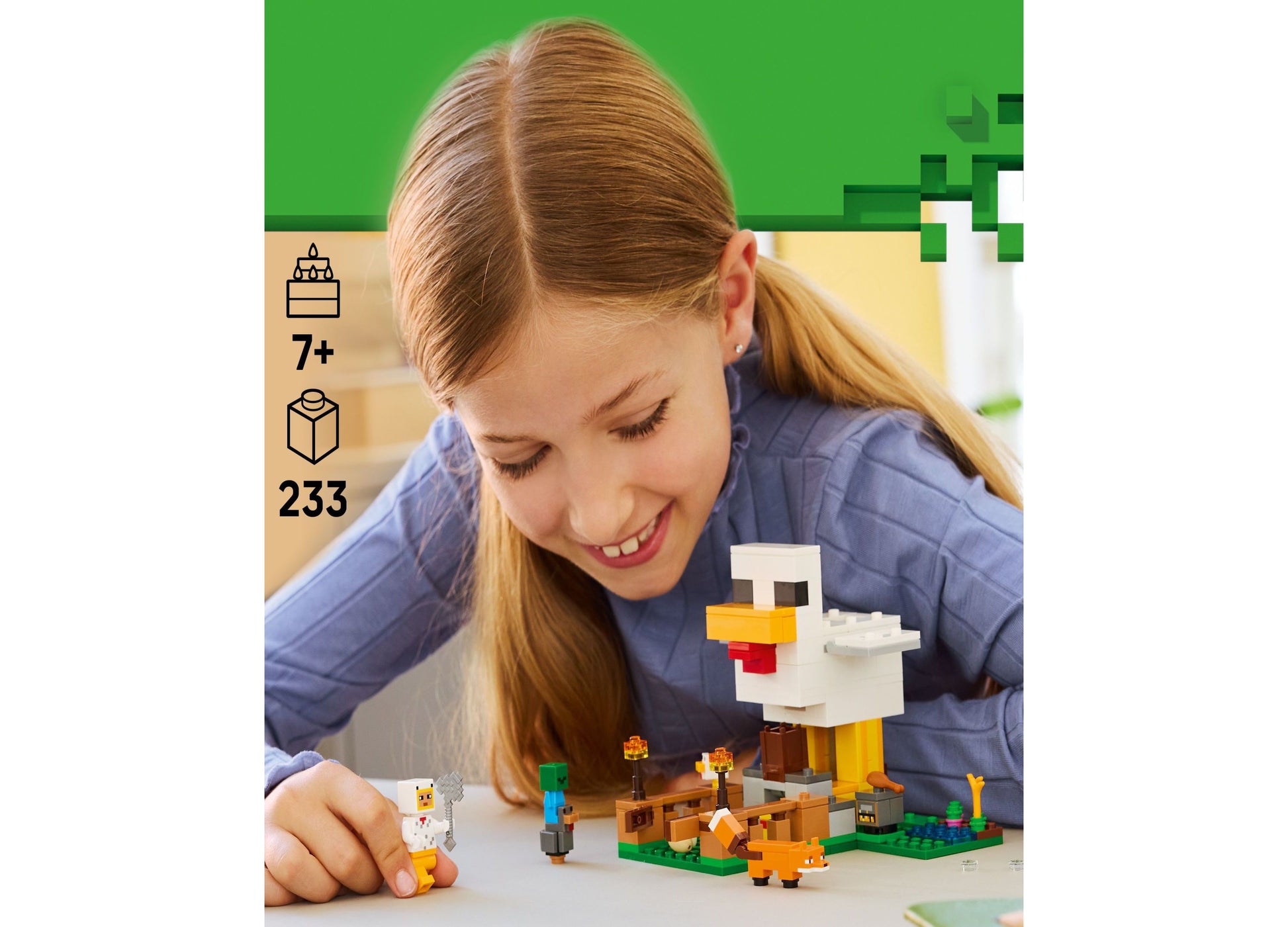 LEGO Minecraft Chicken Farm 21585 building set with 233 pieces, featuring white chicken structure and minifigures