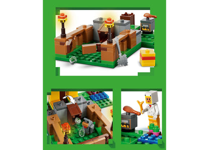 LEGO Minecraft Chicken Farm 21585 building set with brown farm structures, chicken minifigure, and colorful bricks
