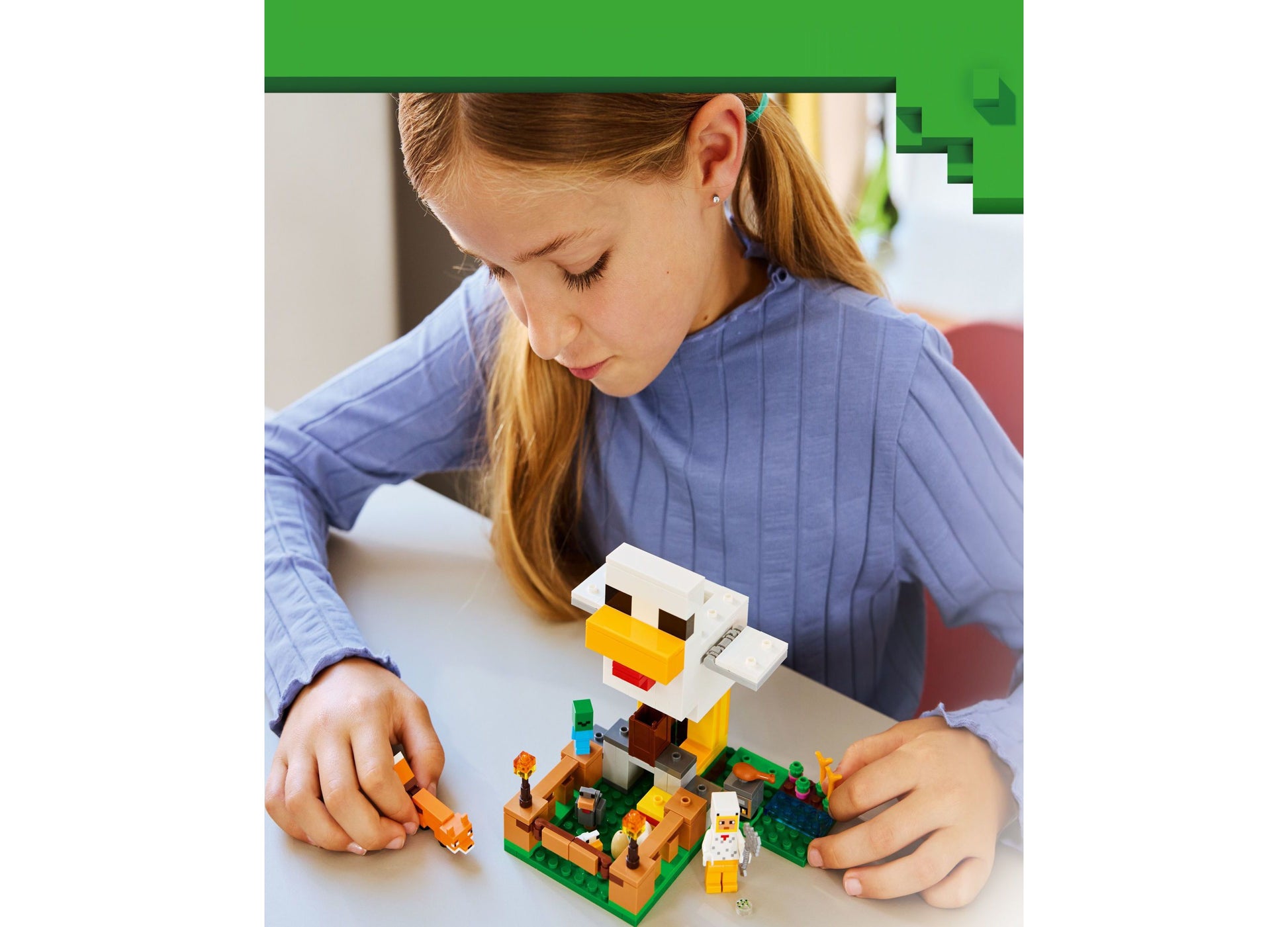 Girl playing with LEGO Minecraft Chicken Farm set featuring yellow coop, green base, and minifigures