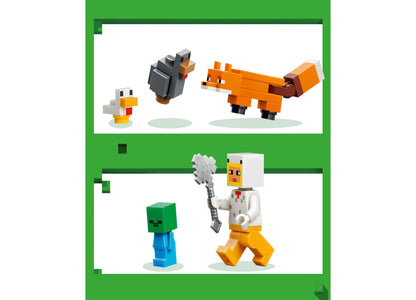 LEGO Minecraft Chicken Farm 21585 building toy set with minifigures, creeper, and chicken figures