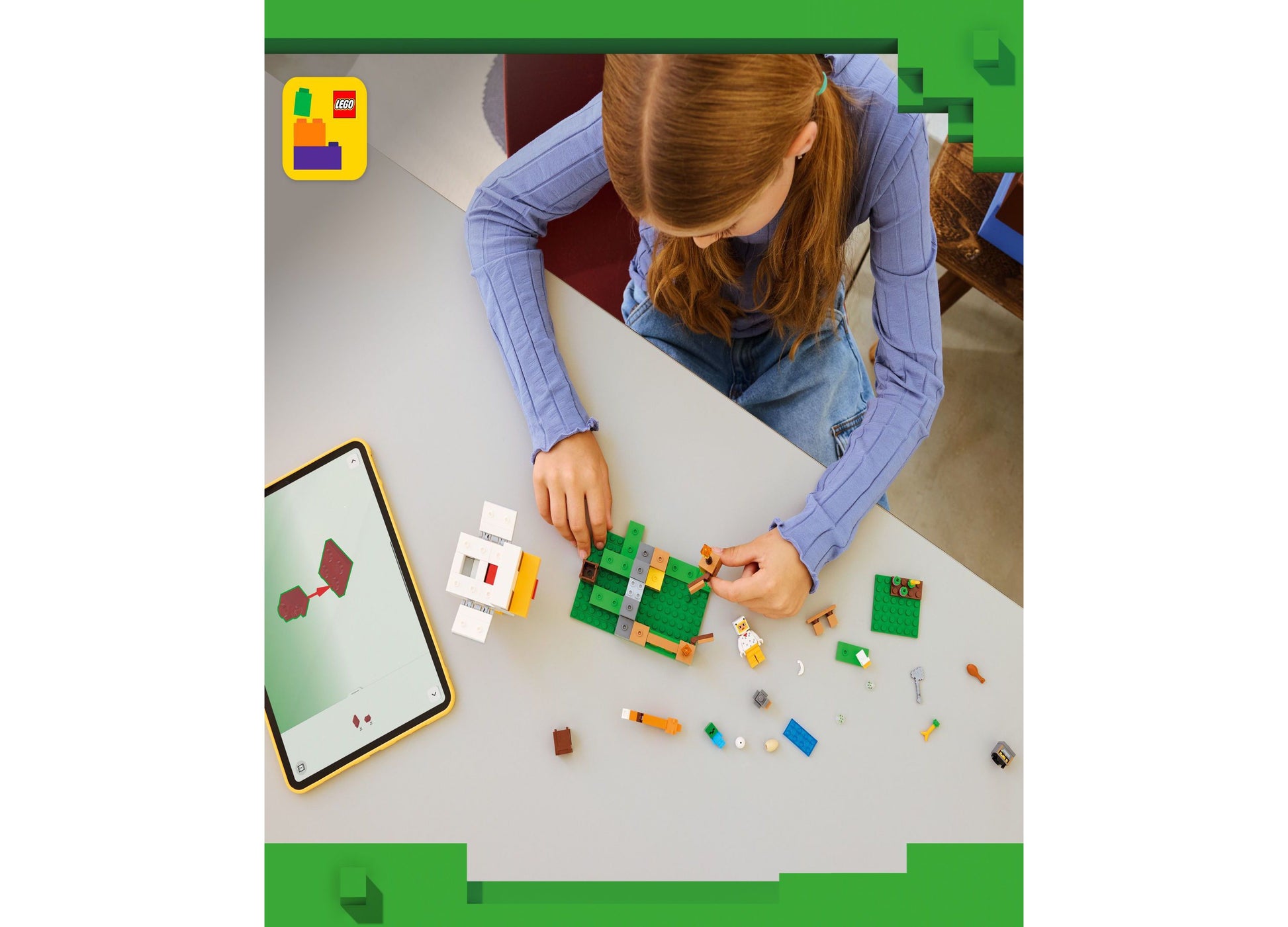 LEGO Minecraft Chicken Farm Building Toy 21585 with green baseplate and colorful bricks