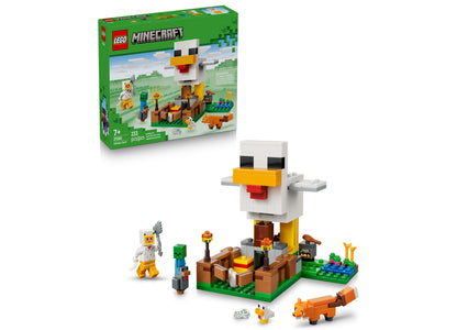 LEGO Minecraft Chicken Farm 21585 building set with minifigures, chicken, and farm structures