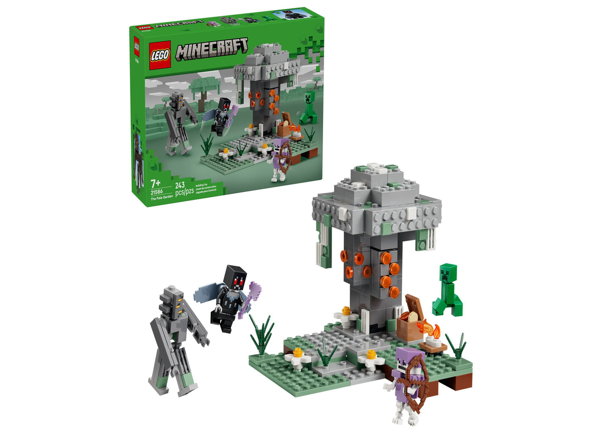 LEGO Minecraft The Pale Garden 243-piece set with gray tree, Creeping figure, Creeper, skeleton, and Mothman minifigures