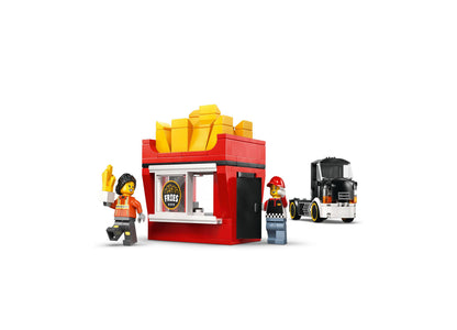 LEGO City Fries Food Truck 60488 set with red food stand, minifigures, and black delivery truck