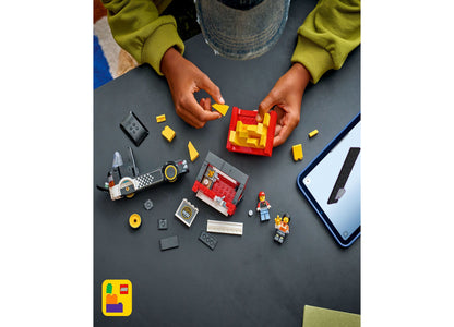 LEGO City Fries Food Truck 60488 set with red truck, yellow pieces, minifigures, and accessories being built by child