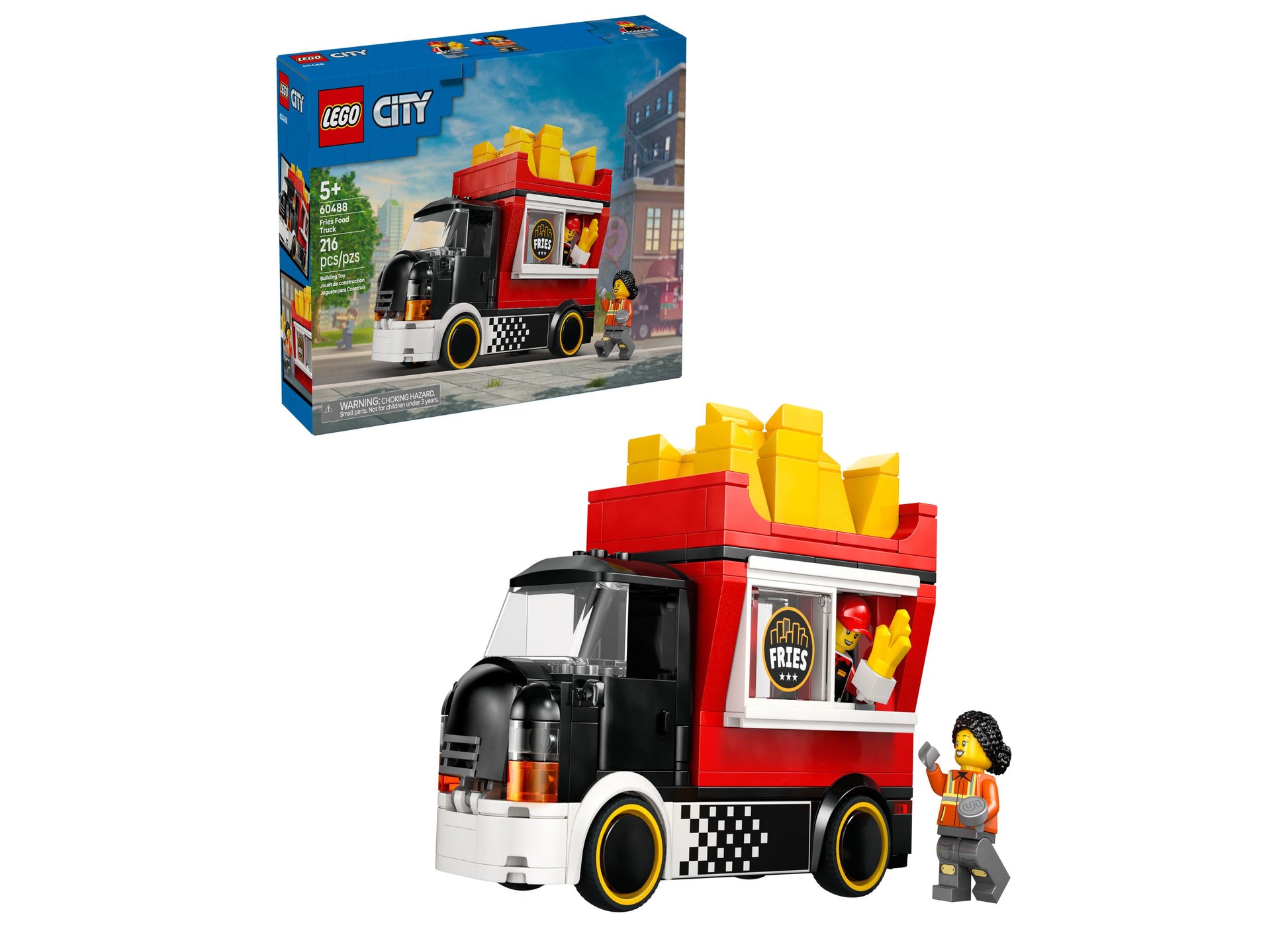 LEGO City Fries Food Truck 60488 red and black building set with yellow fries and minifigure
