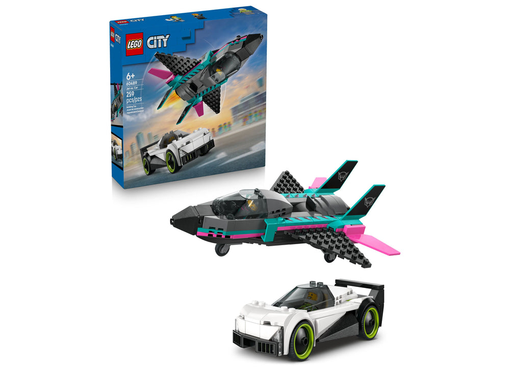 LEGO City Jet vs. Car 60489 building set with black and teal jet and white race car