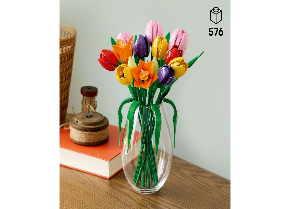 LEGO Botanicals Tulip Bouquet Flower Decor Building Kit with 576 pieces featuring pink, red, yellow, purple, and oran...