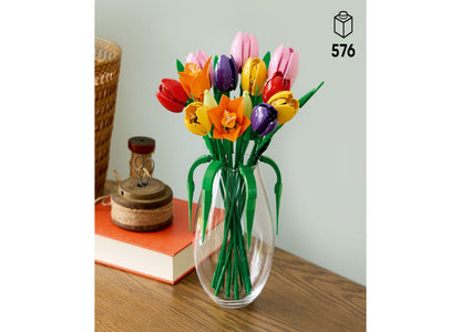 LEGO Botanicals Tulip Bouquet Flower Decor Building Kit with 576 pieces featuring pink, red, yellow, purple, and oran...