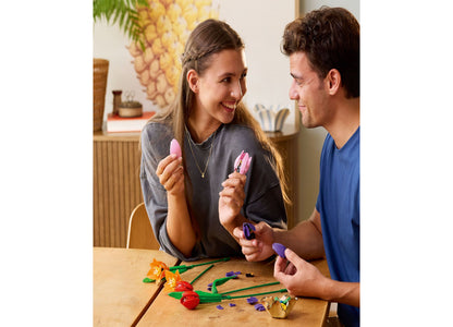 LEGO Botanicals Tulip Bouquet building kit with pink, red, yellow, purple, and orange tulips at various bloom stages