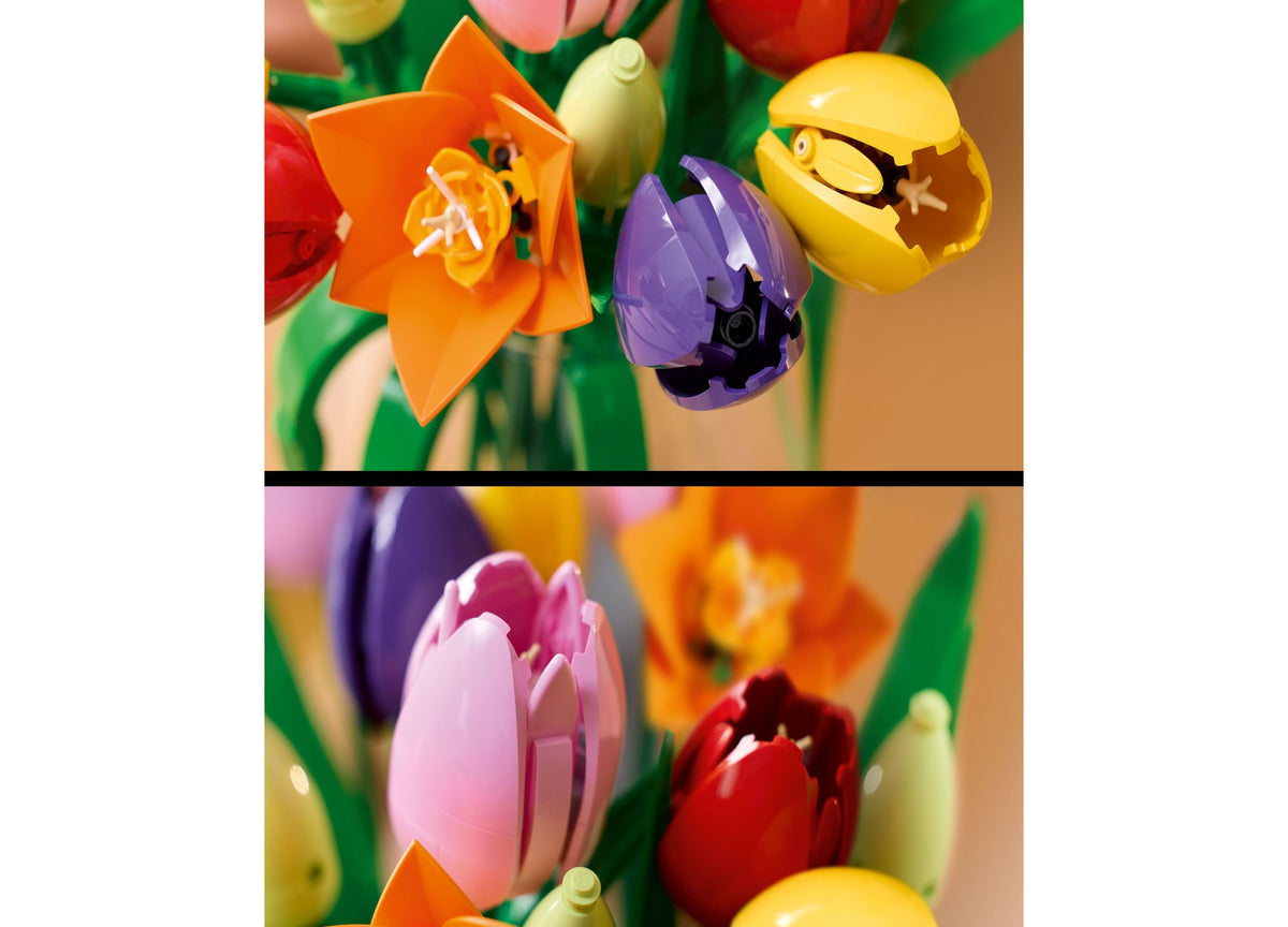 LEGO Botanicals Tulip Bouquet building kit with five colorful tulips in pink, red, yellow, purple, and orange at vari...