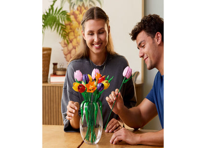 LEGO Botanicals Tulip Bouquet with pink, yellow, red, purple, and orange flowers in clear vase