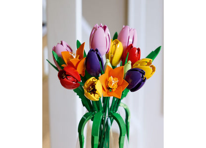 LEGO Botanicals Tulip Bouquet with pink, yellow, red, purple, and orange tulips at various bloom stages in green vase