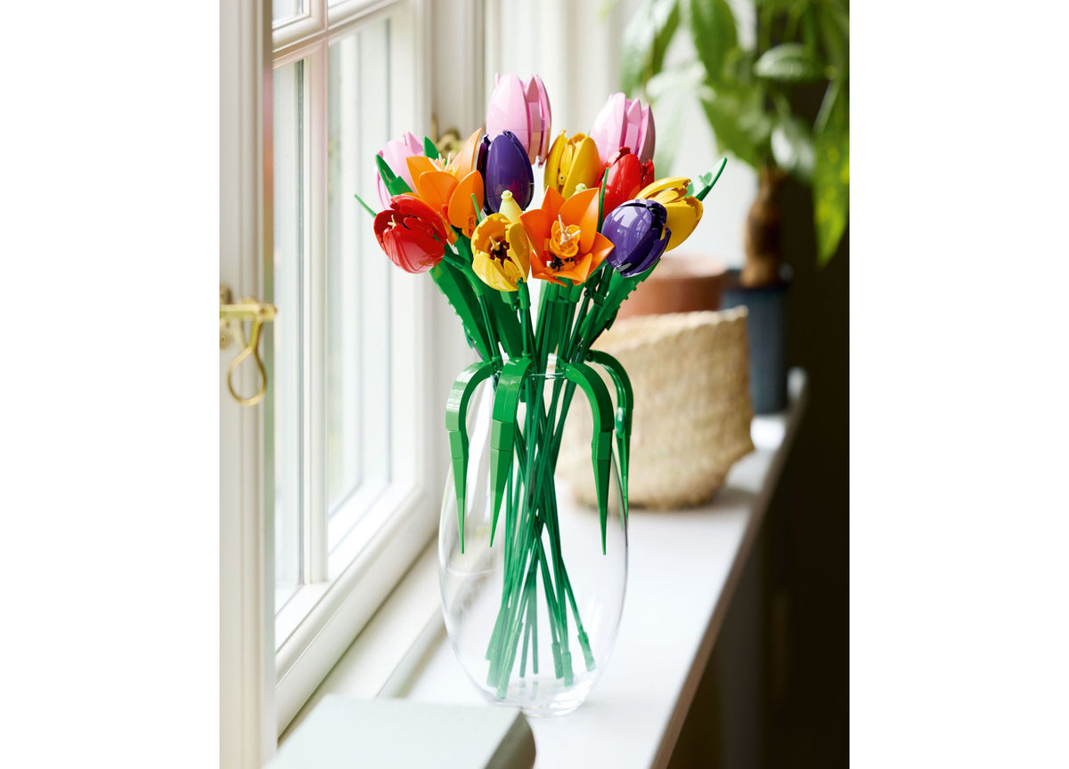 LEGO Botanicals Tulip Bouquet building kit with 576 pieces showing five tulip varieties in pink, yellow, red, purple,...