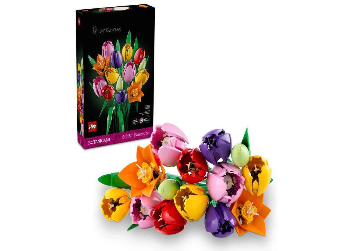 LEGO Botanicals Tulip Bouquet with colorful tulips in pink, yellow, red, purple, and orange at various bloom stages