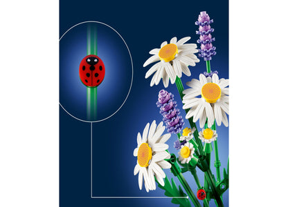 LEGO Botanicals Daisies 11508 building set with white daisies, purple lavender flowers, and red ladybugs on blue back...