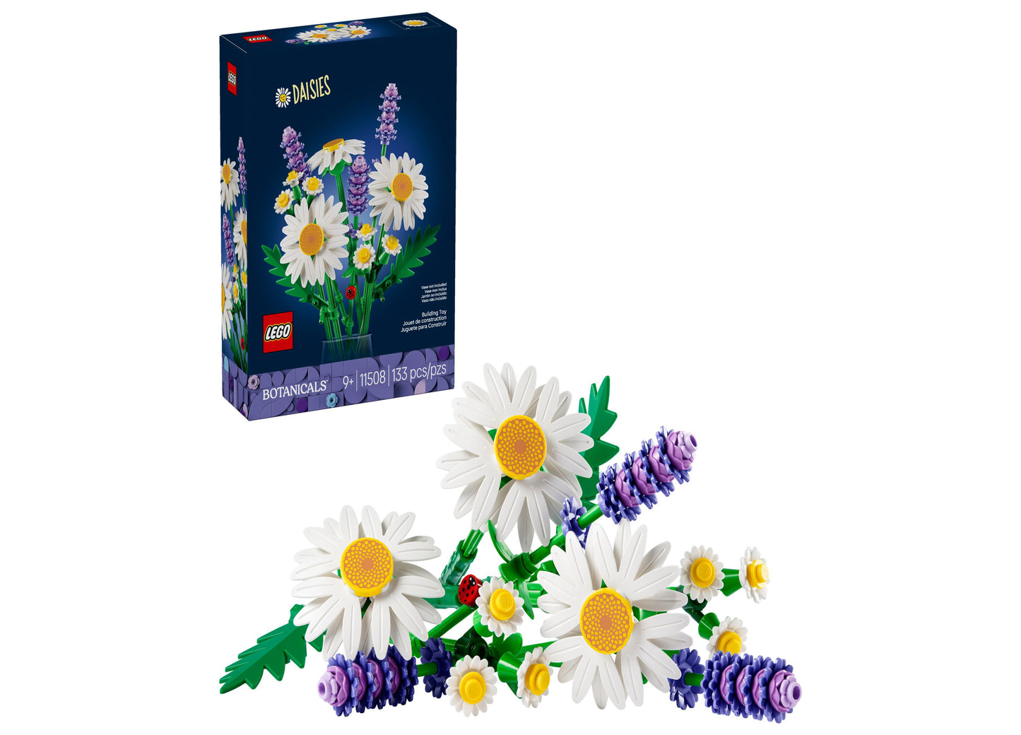 LEGO Botanicals Daisies 11508 building set with white and yellow daisies, purple flowers, and green stems