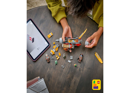 LEGO Star Wars Cobb Vanth's Speeder 75437 with yellow and orange pieces, minifigures, and building instructions on wo...