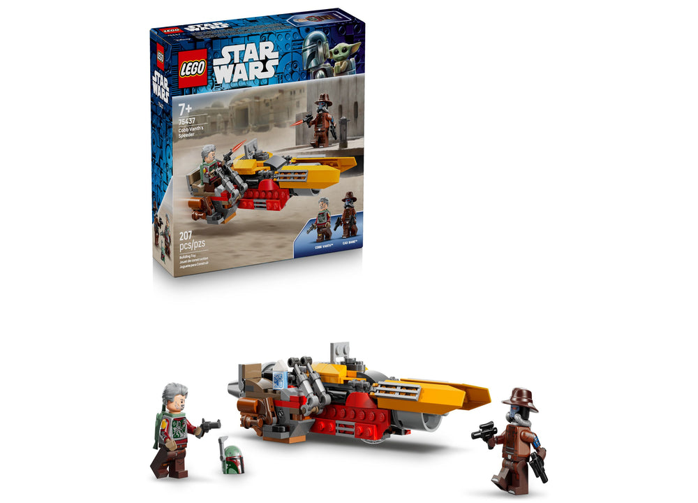 LEGO Star Wars Cobb Vanth's Speeder 75437 building set with yellow and red speeder vehicle and minifigures